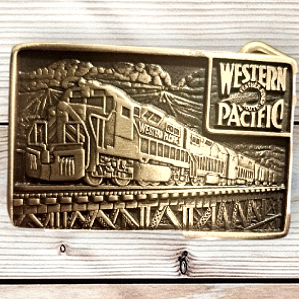 Brass Western Pacific Feather Flow Route Railroad Vintage Belt Buckle